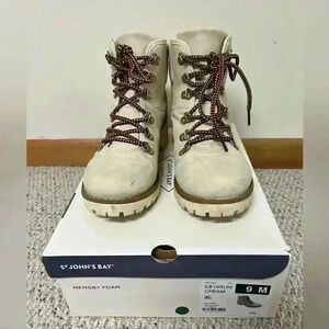 St. John's Bay Landson Boots 9 Womens Off White Faux Leather Lace Up Comfort